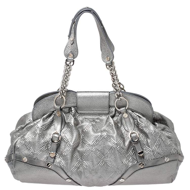 Pre Owned Versace Metallic Silver Leather Chain Link Satchel