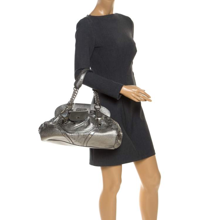 Pre Owned Versace Metallic Silver Leather Chain Link Satchel