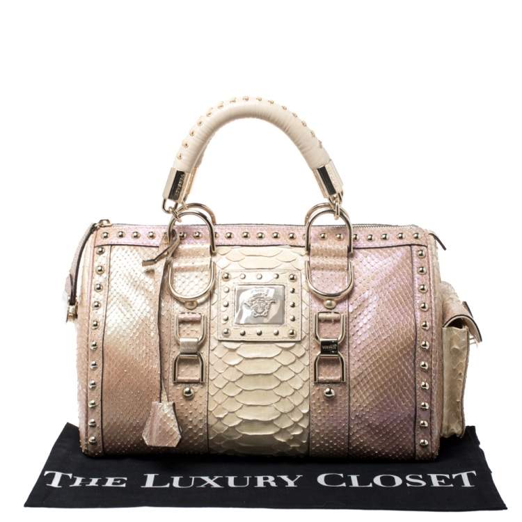Pre Owned Versace Metallic Beige Python Snap Out Of It Satchel