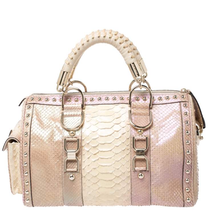 Pre Owned Versace Metallic Beige Python Snap Out Of It Satchel