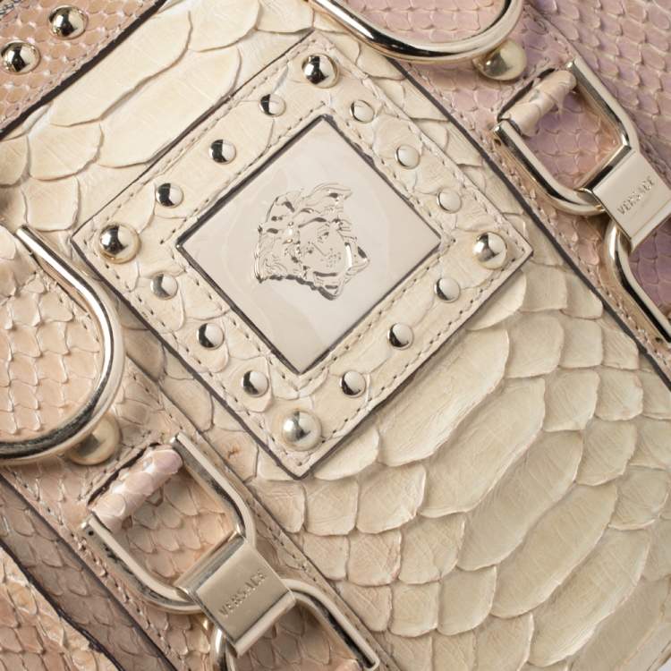 Pre Owned Versace Metallic Beige Python Snap Out Of It Satchel