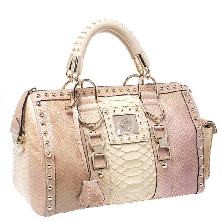Pre Owned Versace Metallic Beige Python Snap Out Of It Satchel