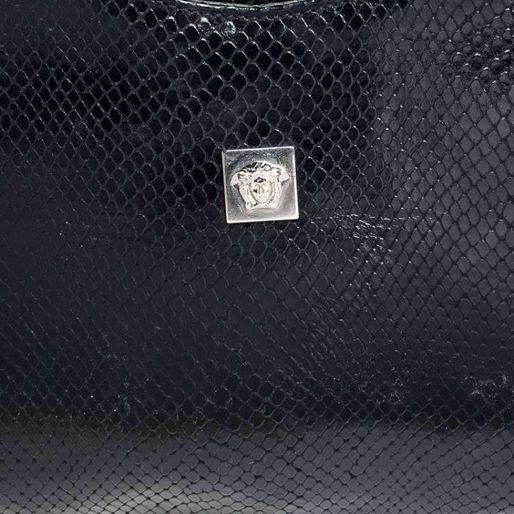 Pre Owned Versace Black Snakeskin Embossed Leather Metal Handle Hobo