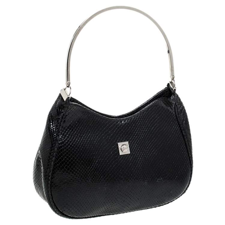 Pre Owned Versace Black Snakeskin Embossed Leather Metal Handle Hobo