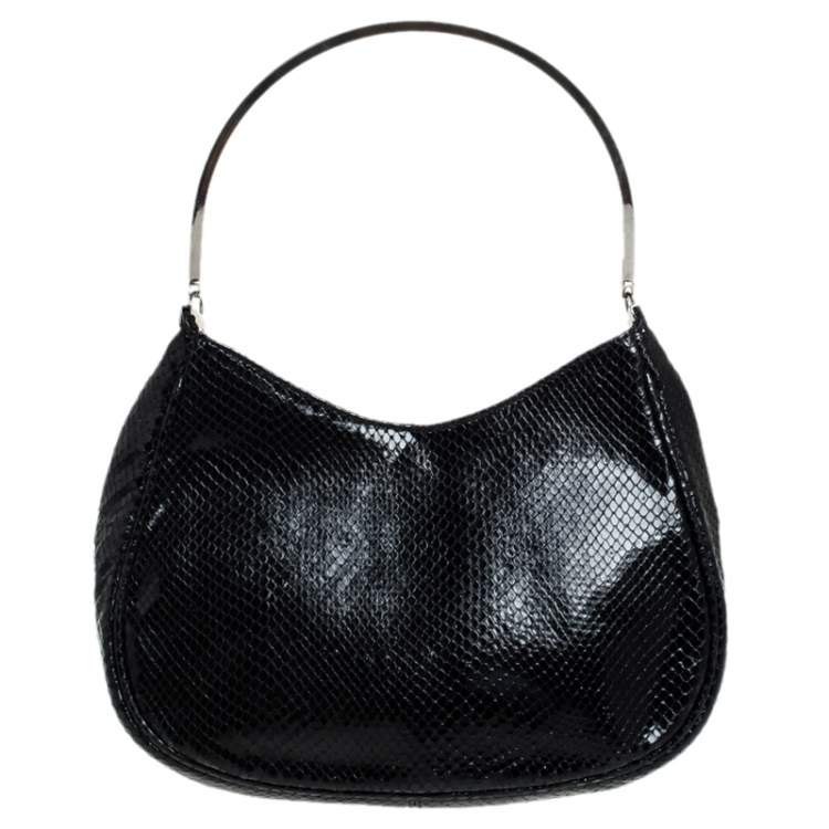 Pre Owned Versace Black Snakeskin Embossed Leather Metal Handle Hobo