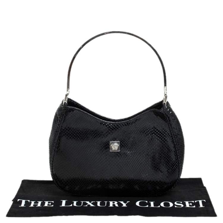 Pre Owned Versace Black Snakeskin Embossed Leather Metal Handle Hobo