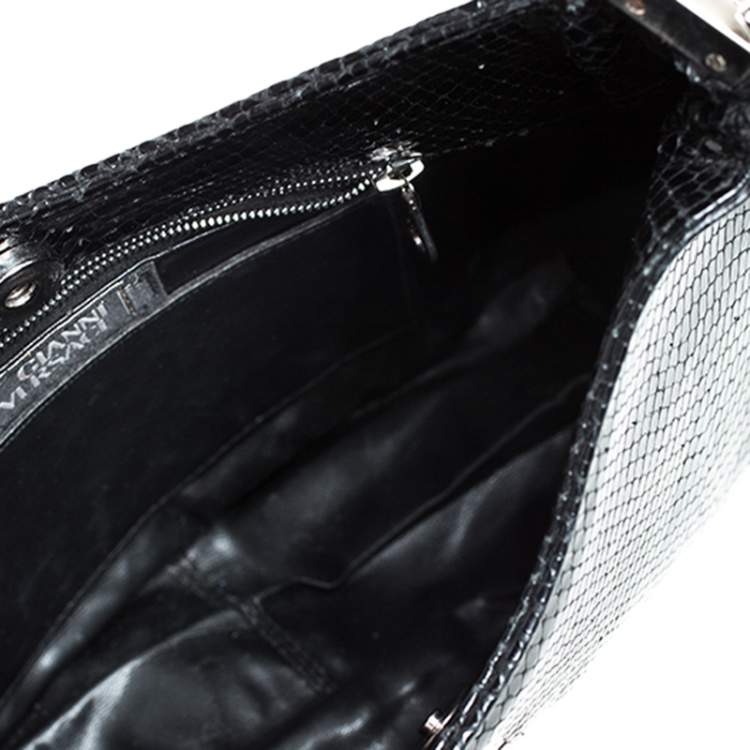 Pre Owned Versace Black Snakeskin Embossed Leather Metal Handle Hobo