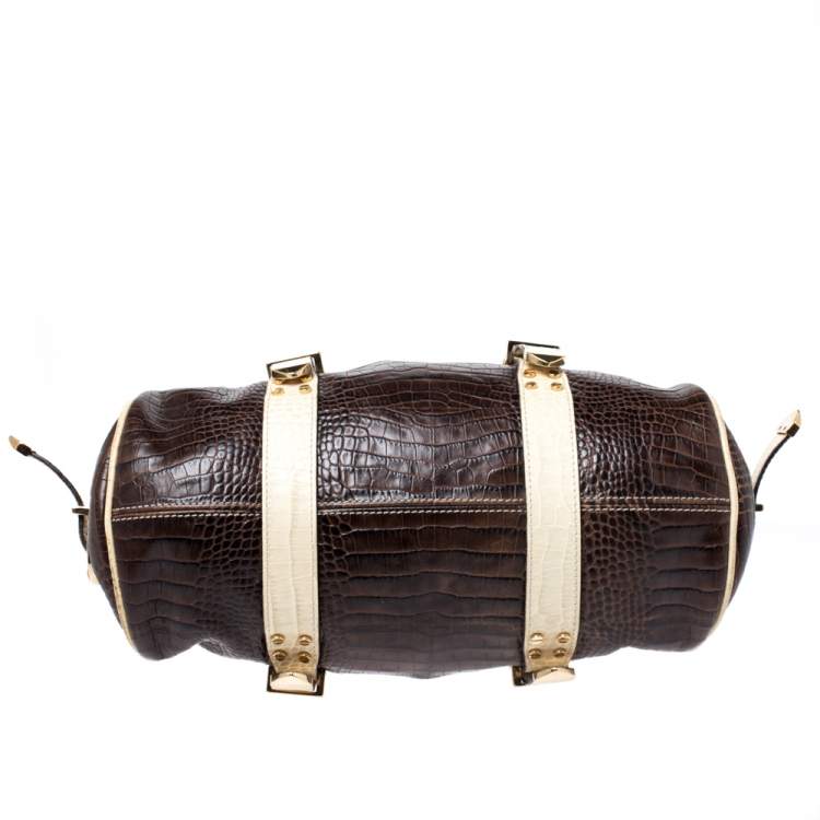 Pre Owned Versace Brown/Cream Croc Embossed Leather Madonna Boston Bag