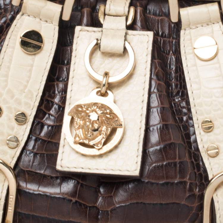 Pre Owned Versace Brown/Cream Croc Embossed Leather Madonna Boston Bag