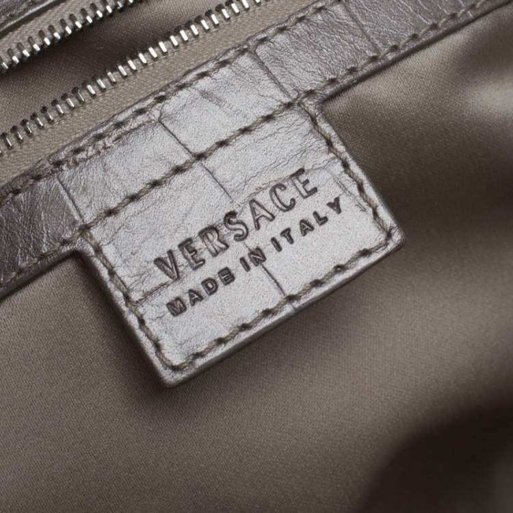 Pre Owned Versace Metallic Beige Signature Canvas and Leather Boston Bag