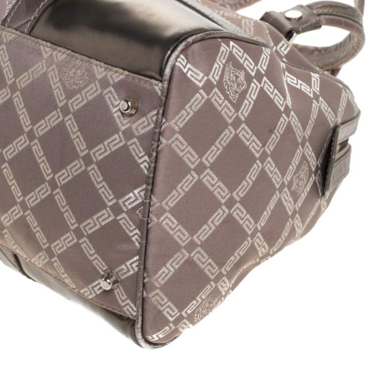 Pre Owned Versace Metallic Beige Signature Canvas and Leather Boston Bag
