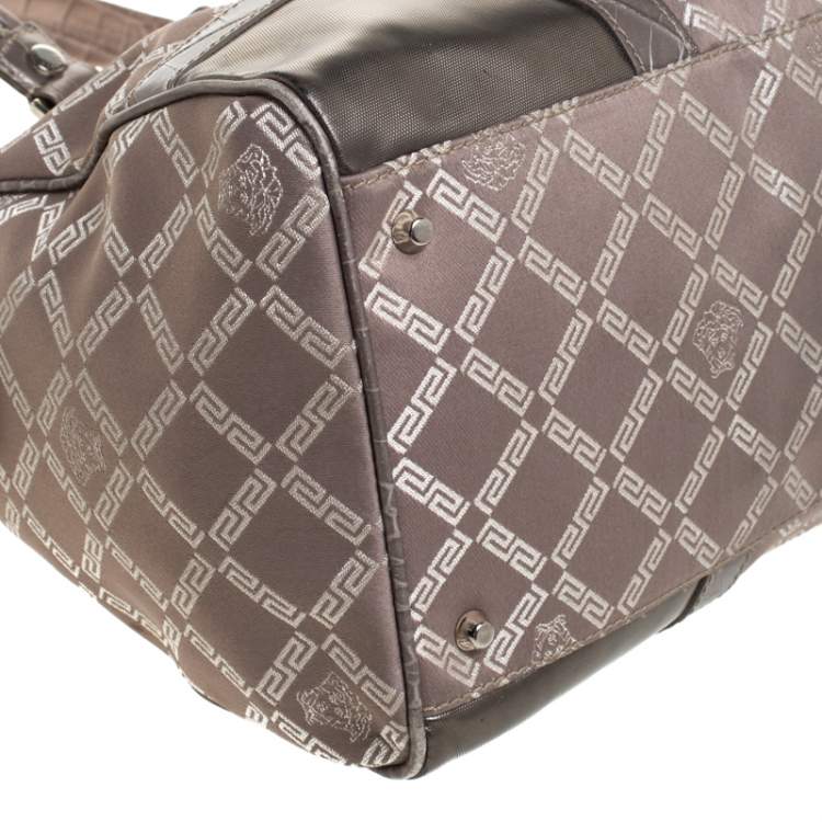 Pre Owned Versace Metallic Beige Signature Canvas and Leather Boston Bag