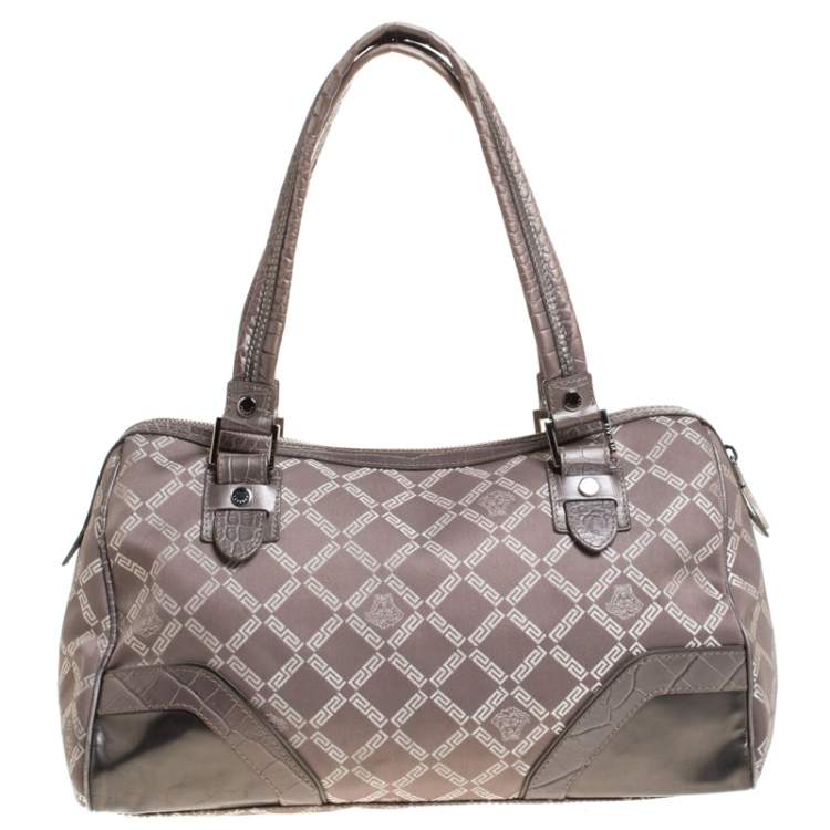 Pre Owned Versace Metallic Beige Signature Canvas and Leather Boston Bag
