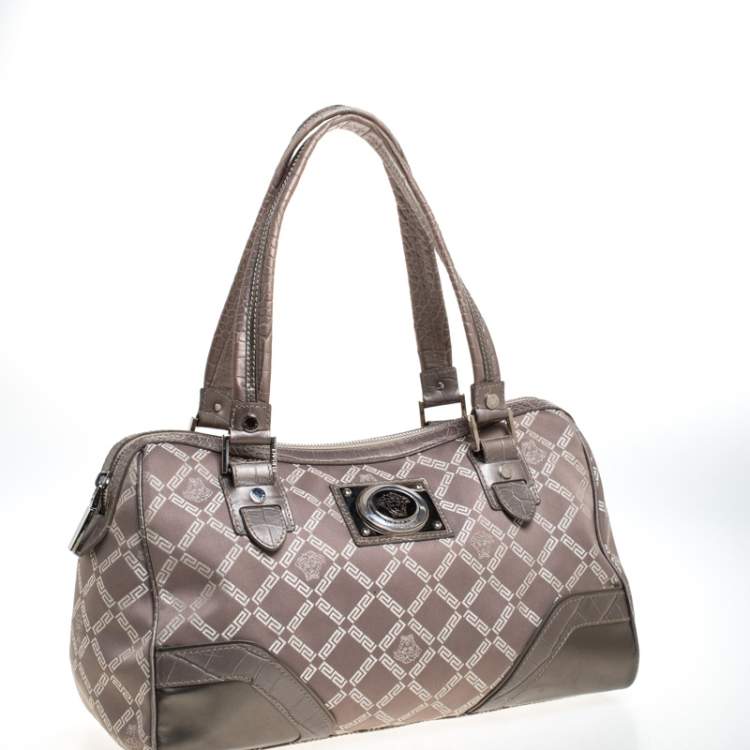 Pre Owned Versace Metallic Beige Signature Canvas and Leather Boston Bag