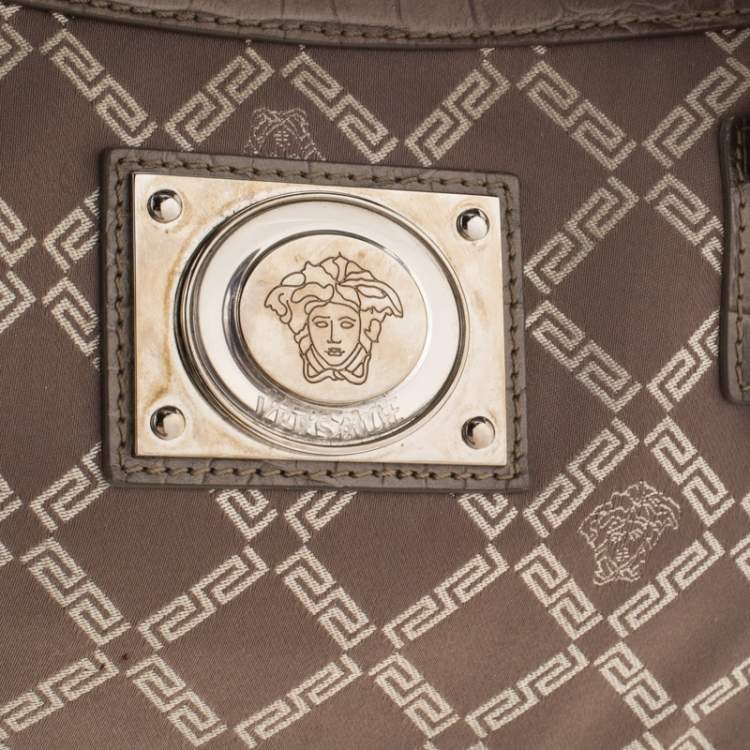 Pre Owned Versace Metallic Beige Signature Canvas and Leather Boston Bag