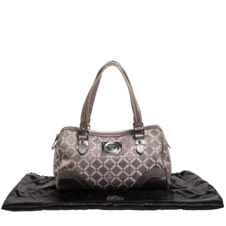 Pre Owned Versace Metallic Beige Signature Canvas and Leather Boston Bag