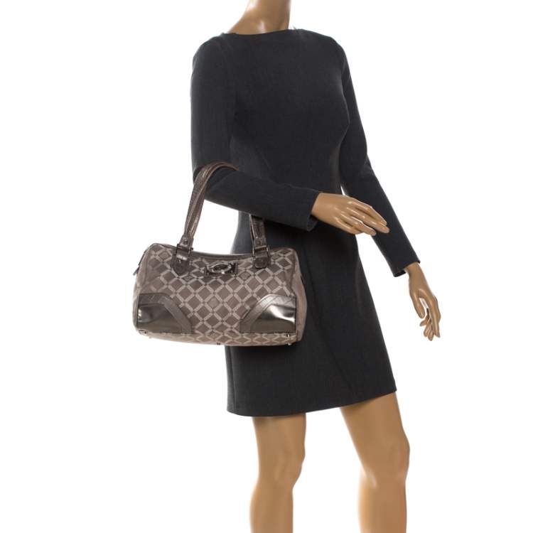 Pre Owned Versace Metallic Beige Signature Canvas and Leather Boston Bag
