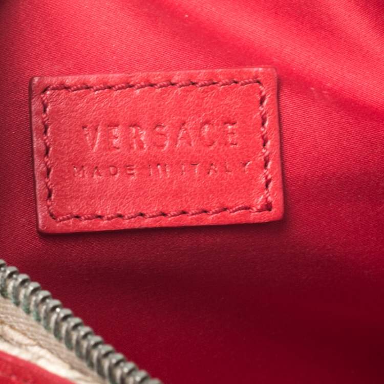 Pre Owned Versace Beige/Red Coated Canvas and Patent Leather Flap Shoulder Bag