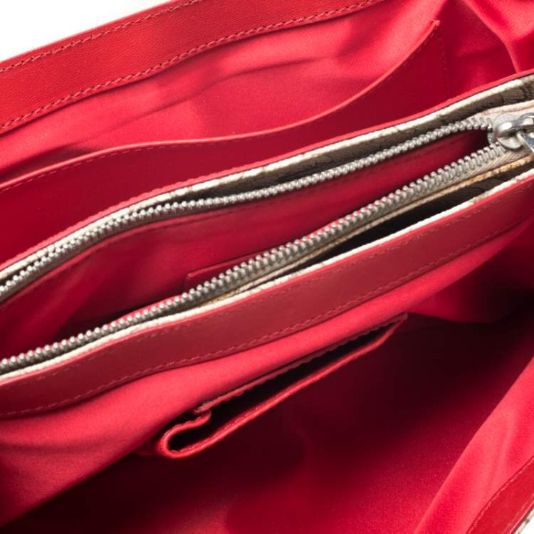 Pre Owned Versace Beige/Red Coated Canvas and Patent Leather Flap Shoulder Bag