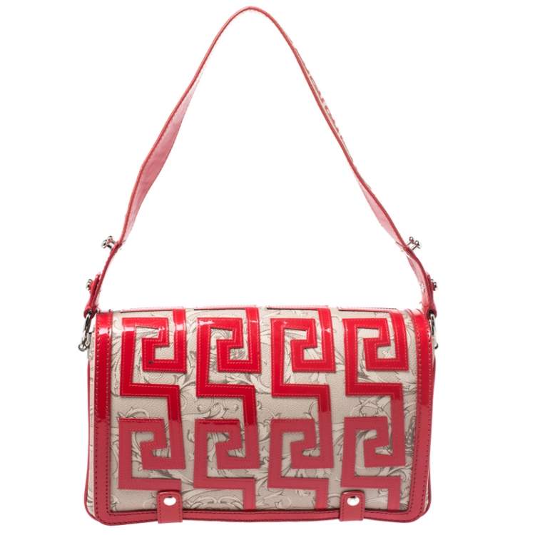 Pre Owned Versace Beige/Red Coated Canvas and Patent Leather Flap Shoulder Bag