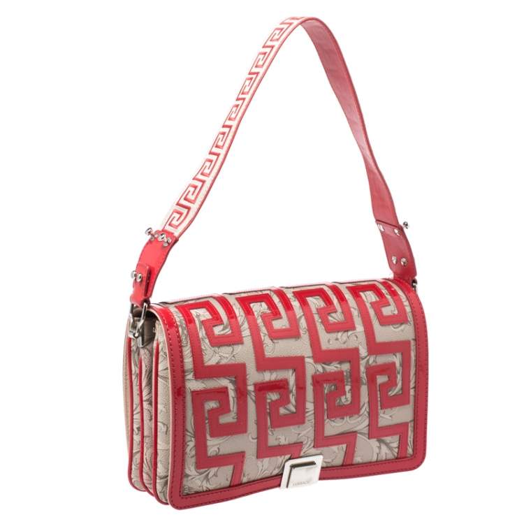 Pre Owned Versace Beige/Red Coated Canvas and Patent Leather Flap Shoulder Bag