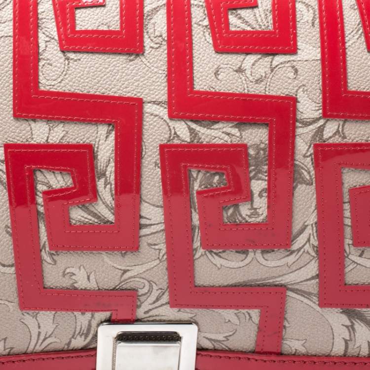 Pre Owned Versace Beige/Red Coated Canvas and Patent Leather Flap Shoulder Bag