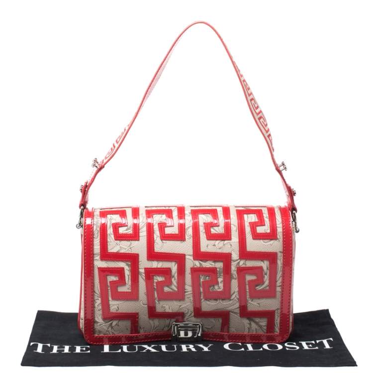 Pre Owned Versace Beige/Red Coated Canvas and Patent Leather Flap Shoulder Bag