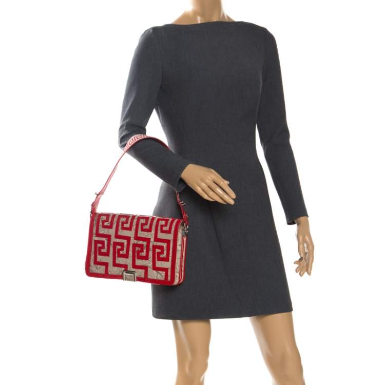 Pre Owned Versace Beige/Red Coated Canvas and Patent Leather Flap Shoulder Bag
