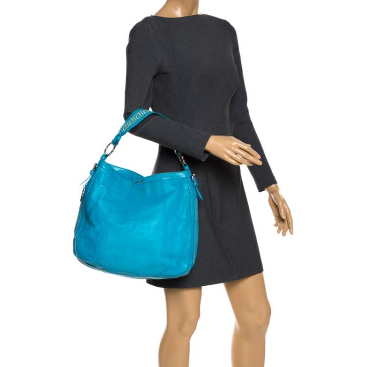 Pre Owned Versace Light Blue Leather Zip Around Hobo