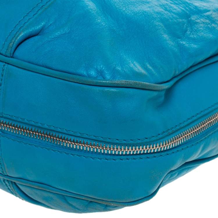 Pre Owned Versace Light Blue Leather Zip Around Hobo