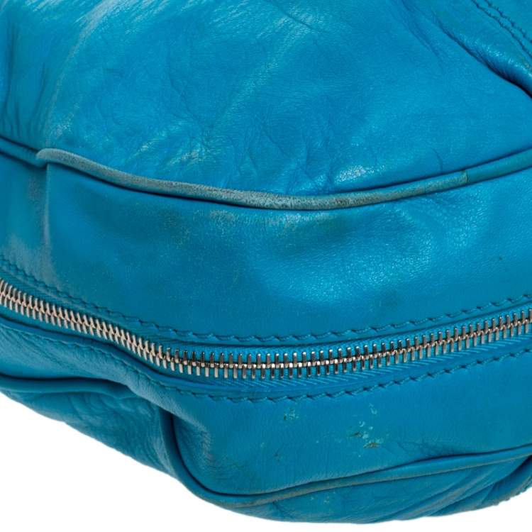 Pre Owned Versace Light Blue Leather Zip Around Hobo
