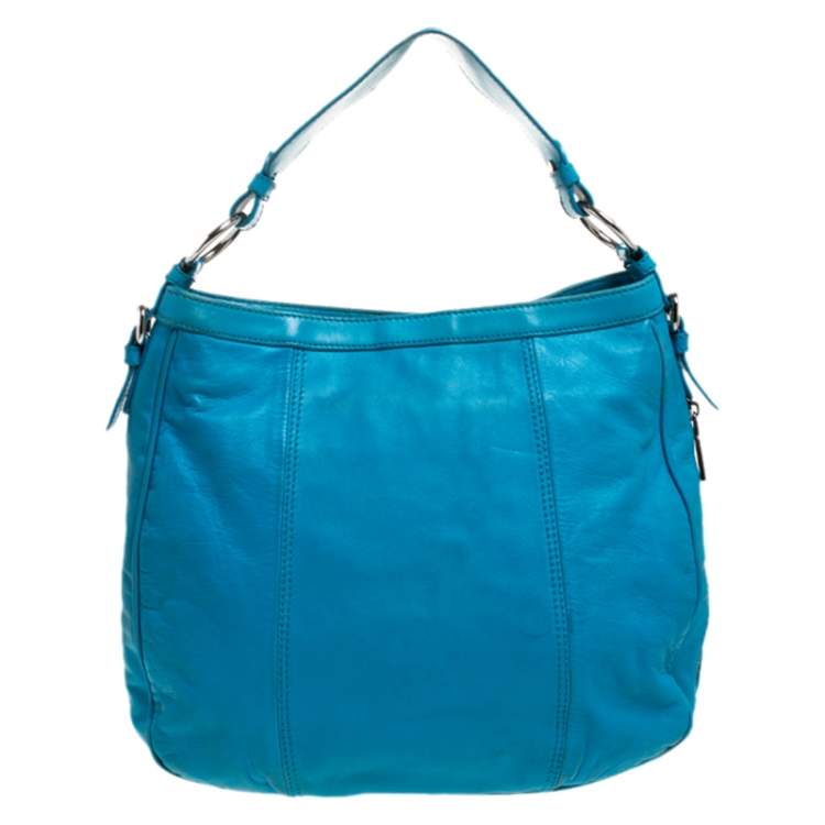 Pre Owned Versace Light Blue Leather Zip Around Hobo