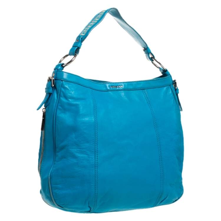 Pre Owned Versace Light Blue Leather Zip Around Hobo