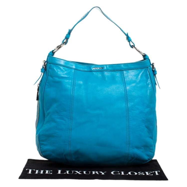 Pre Owned Versace Light Blue Leather Zip Around Hobo