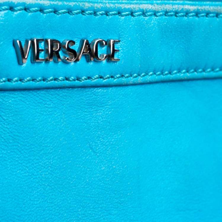 Pre Owned Versace Light Blue Leather Zip Around Hobo