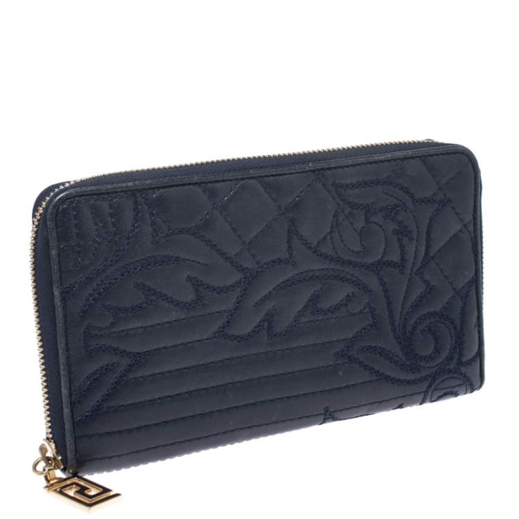 Pre Owned Versace Navy Blue Leather Vanitas Zip Around Wallet