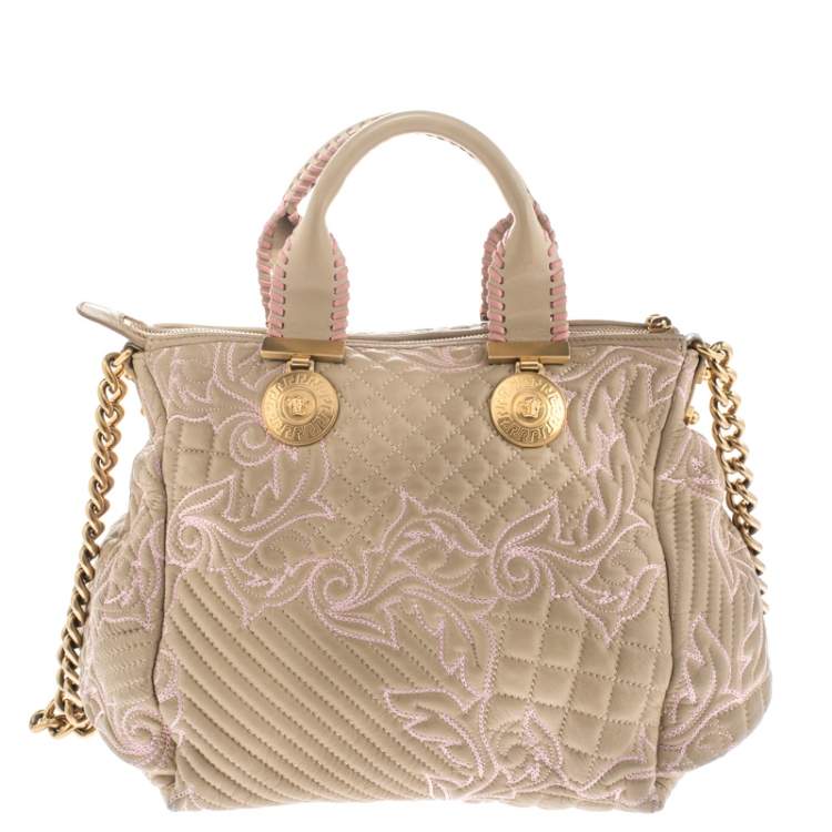 Pre Owned Versace Beige/Pink Quilted Leather Vanitas Satchel