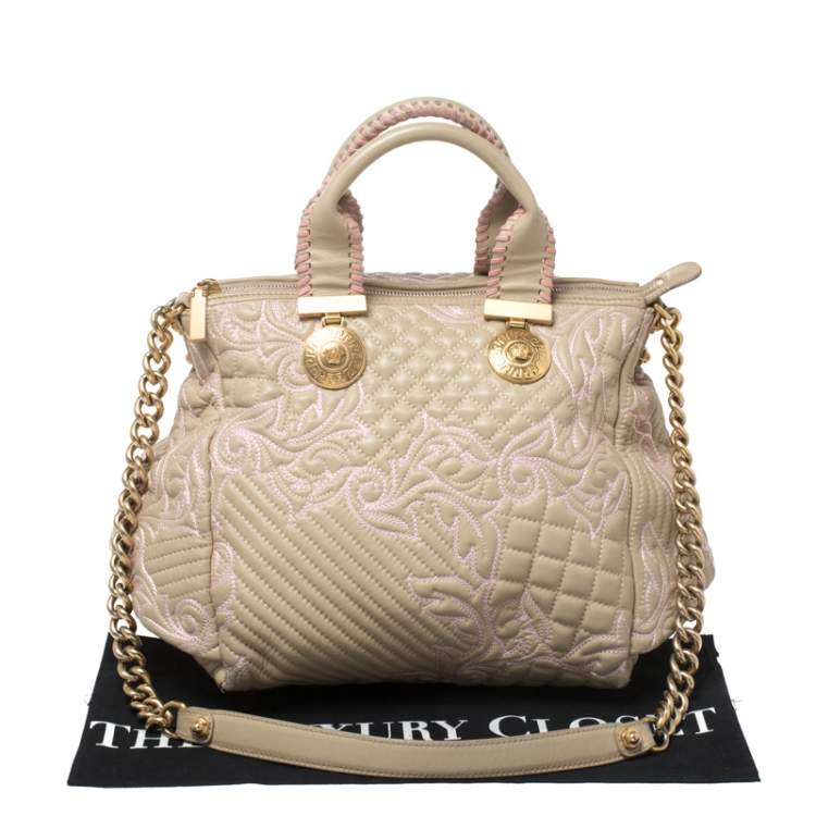 Pre Owned Versace Beige/Pink Quilted Leather Vanitas Satchel