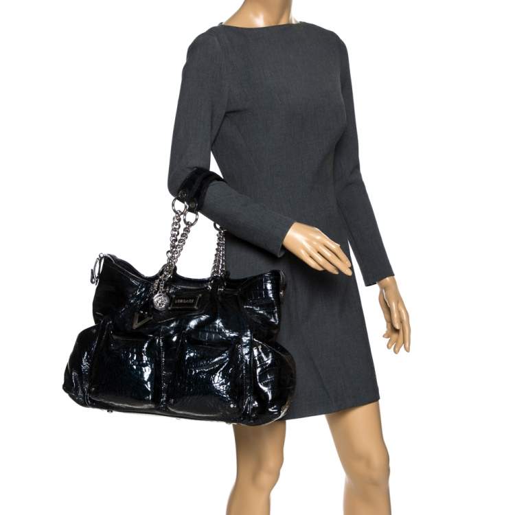Pre Owned Versace Midnight Blue Croc Patent Leather Chain Tote