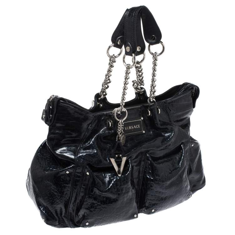 Pre Owned Versace Midnight Blue Croc Patent Leather Chain Tote