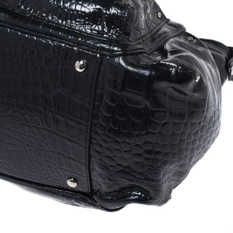 Pre Owned Versace Midnight Blue Croc Patent Leather Chain Tote