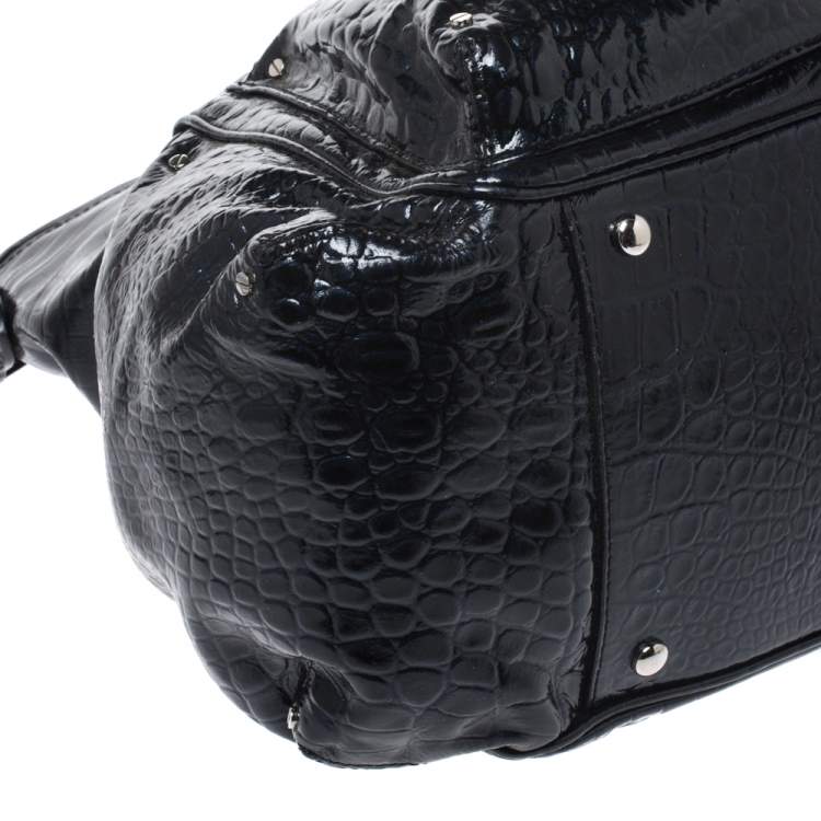 Pre Owned Versace Midnight Blue Croc Patent Leather Chain Tote