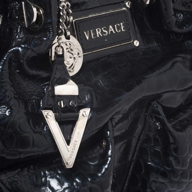Pre Owned Versace Midnight Blue Croc Patent Leather Chain Tote