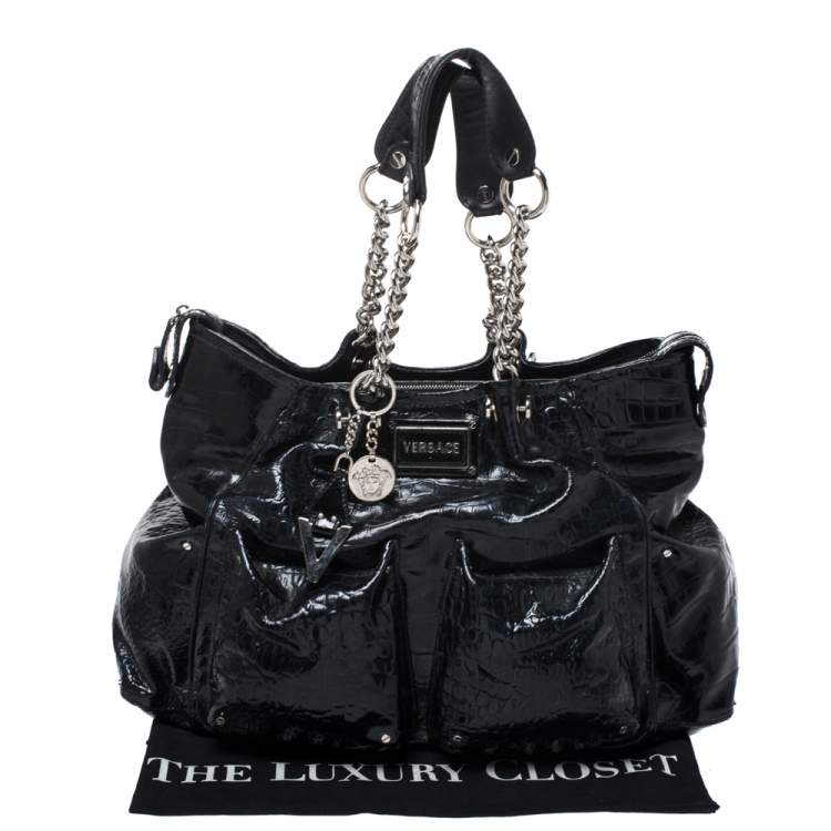 Pre Owned Versace Midnight Blue Croc Patent Leather Chain Tote
