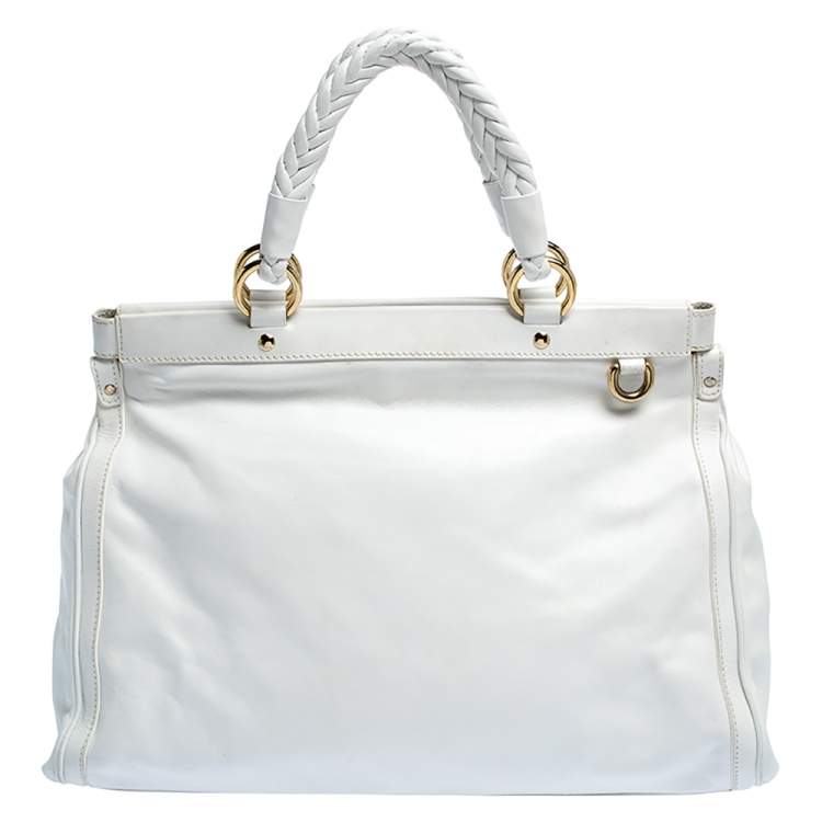 Pre Owned Versace White Leather Logo Embossed Tote