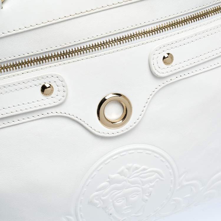 Pre Owned Versace White Leather Logo Embossed Tote