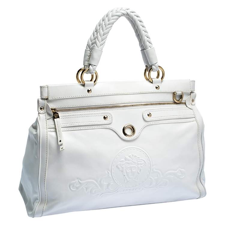 Pre Owned Versace White Leather Logo Embossed Tote