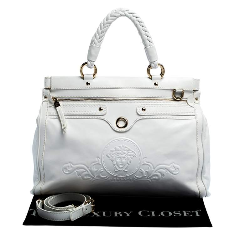 Pre Owned Versace White Leather Logo Embossed Tote