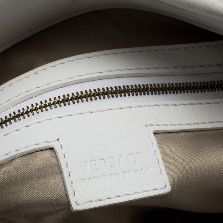 Pre Owned Versace White Leather Logo Embossed Tote