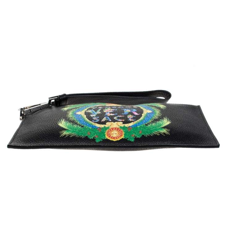Pre Owned Versace Black Leather Floral Printed Wristlet Pouch